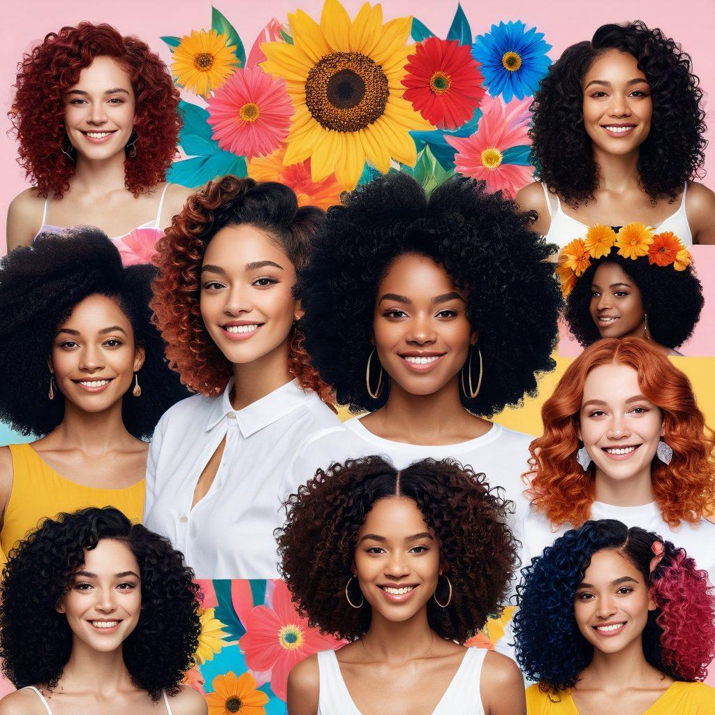 A vibrant collage of diverse hairstyles showcasing different textures and colors, from curly to straight. Include an individual happily experimenting with bold hair accessories, surrounded by mood-boosting natural elements like flowers and sunshine. The backdrop features a whimsical, colorful salon environment that inspires creativity. super-realistic. vibrant colors. light pastel background.