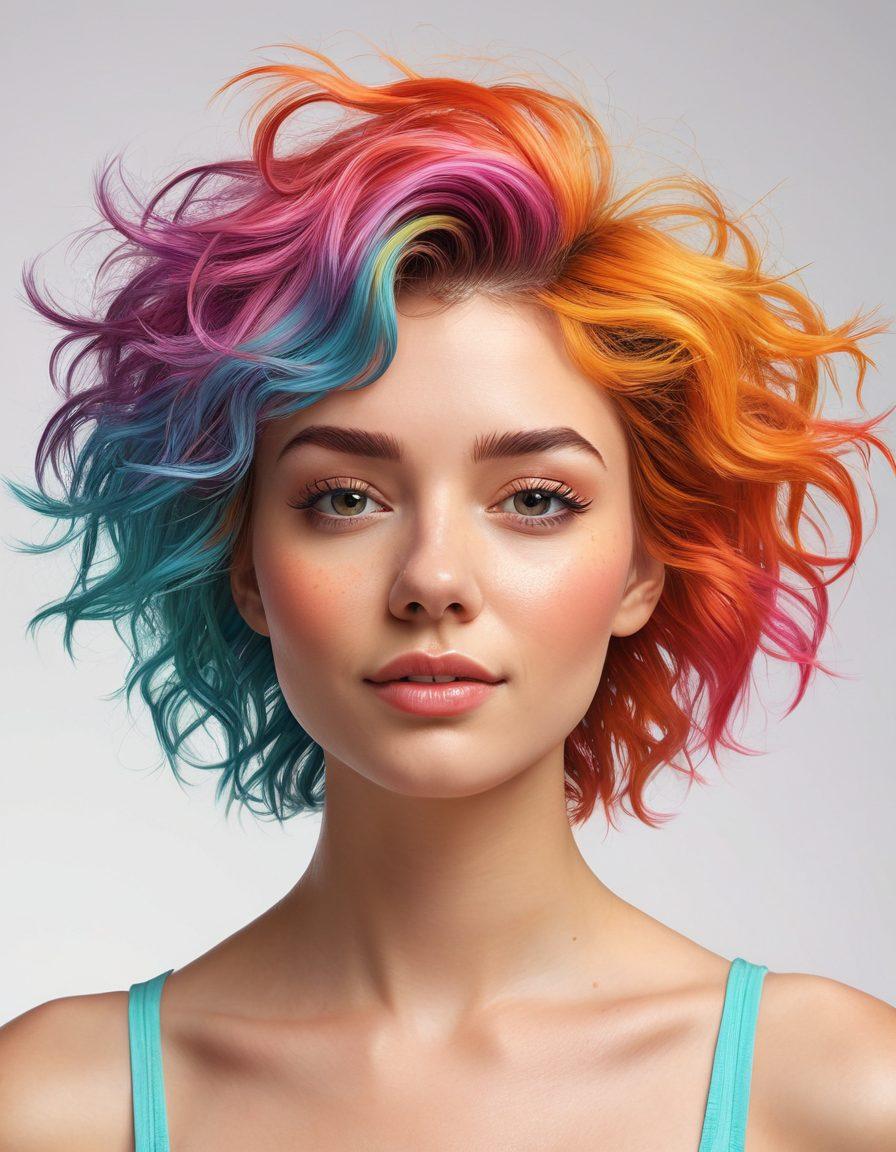 A vibrant before-and-after illustration showcasing a person transforming from a sad expression with messy hair to a joyful expression with a trendy, colorful hairstyle. Include hairstyling tools and a mirror in the background to signify the transformation process. The scene should be filled with light and colorful accents to reflect positivity and creativity. super-realistic. vibrant colors. white background.