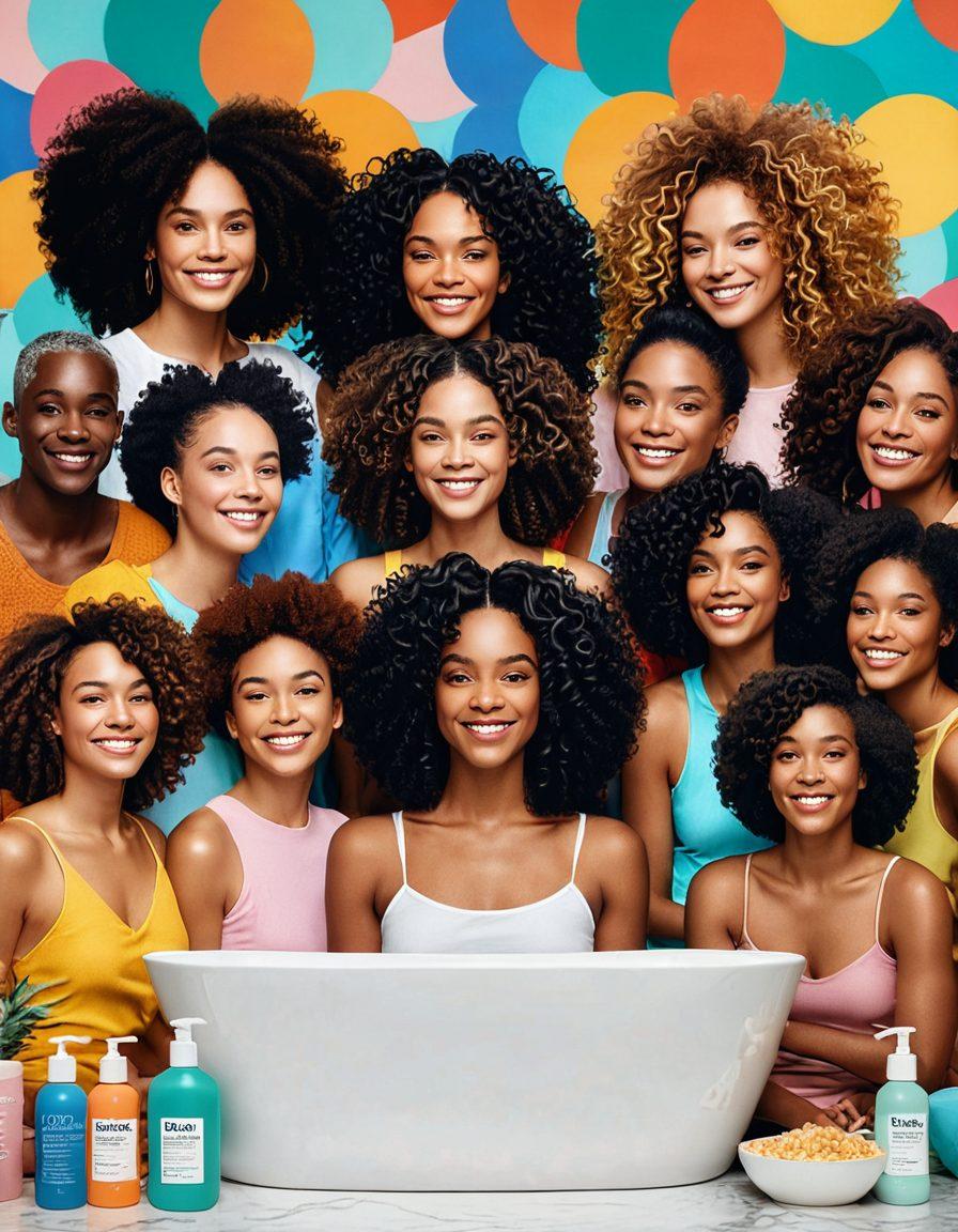 A vibrant collage showcasing diverse individuals with various hair types celebrating their unique beauty; curly, straight, coily, wavy, and textured hair in a wide array of colors. Incorporate elements of self-care like hair care products, soothing environments like a cozy bathroom, and joyful expressions of confidence. The backdrop should be colorful and uplifting to convey a sense of community and self-love. vibrant colors. cheerful atmosphere. 3D.